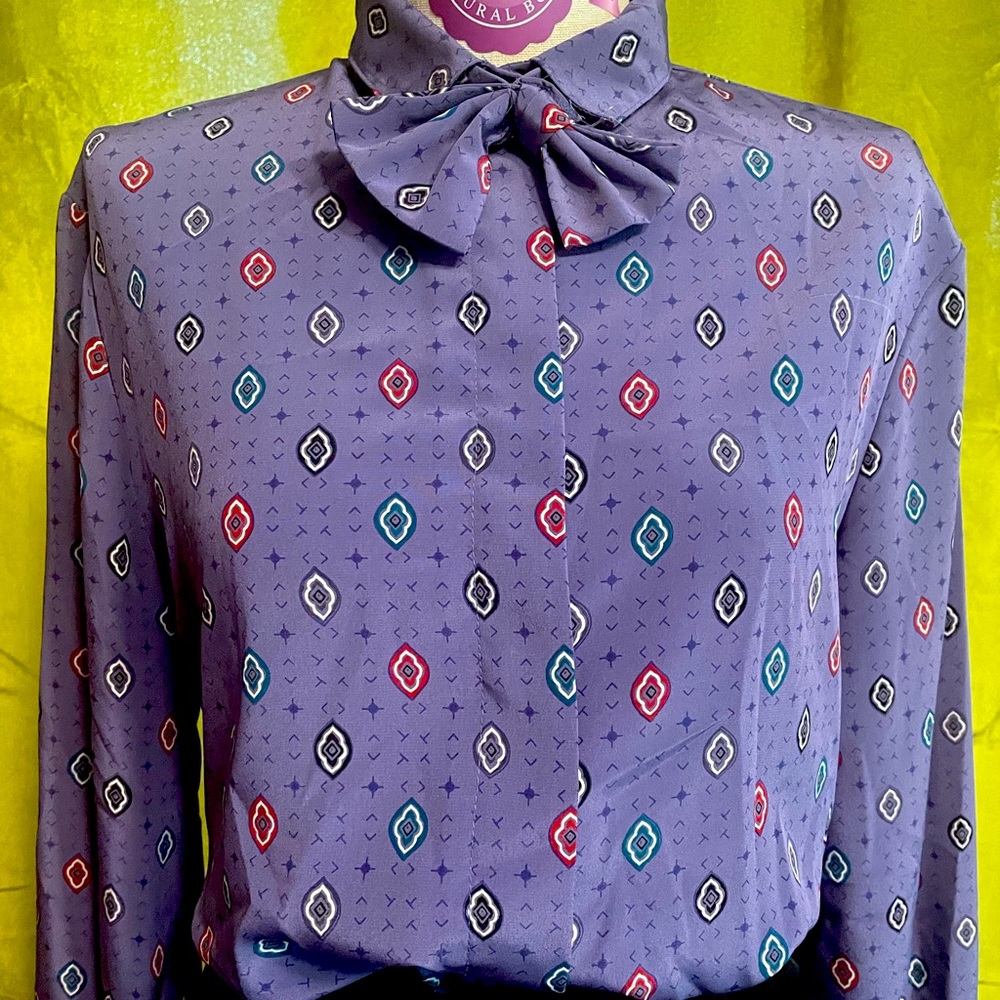Vintage classy bow tie button front purple print blouse